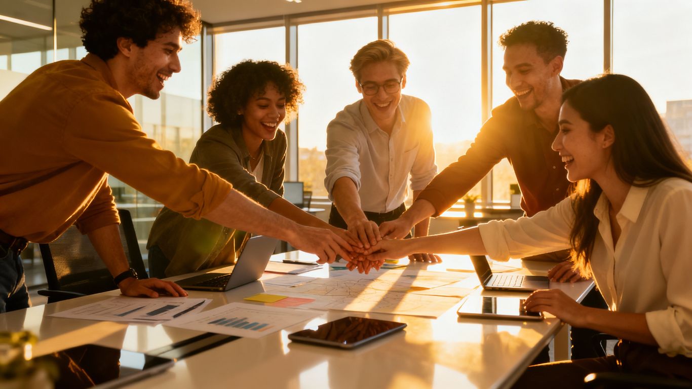 Team building in a modern office setting.