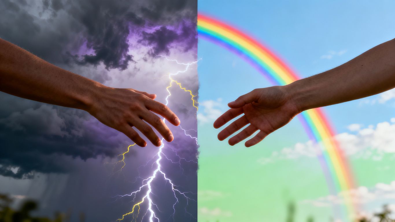 Stormy sky turning into a rainbow with hands meeting.
