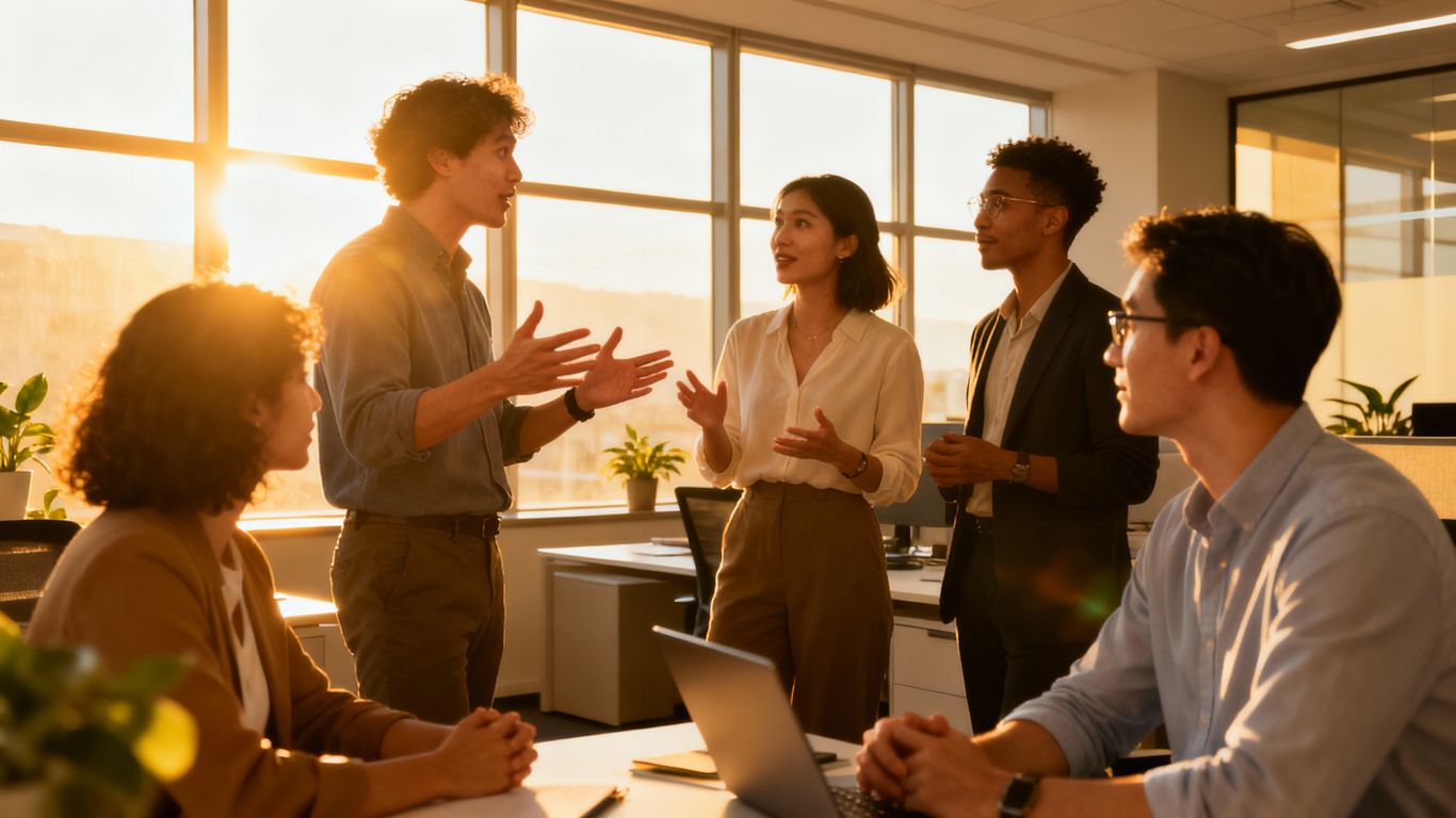 Team collaborating and communicating effectively in an office.