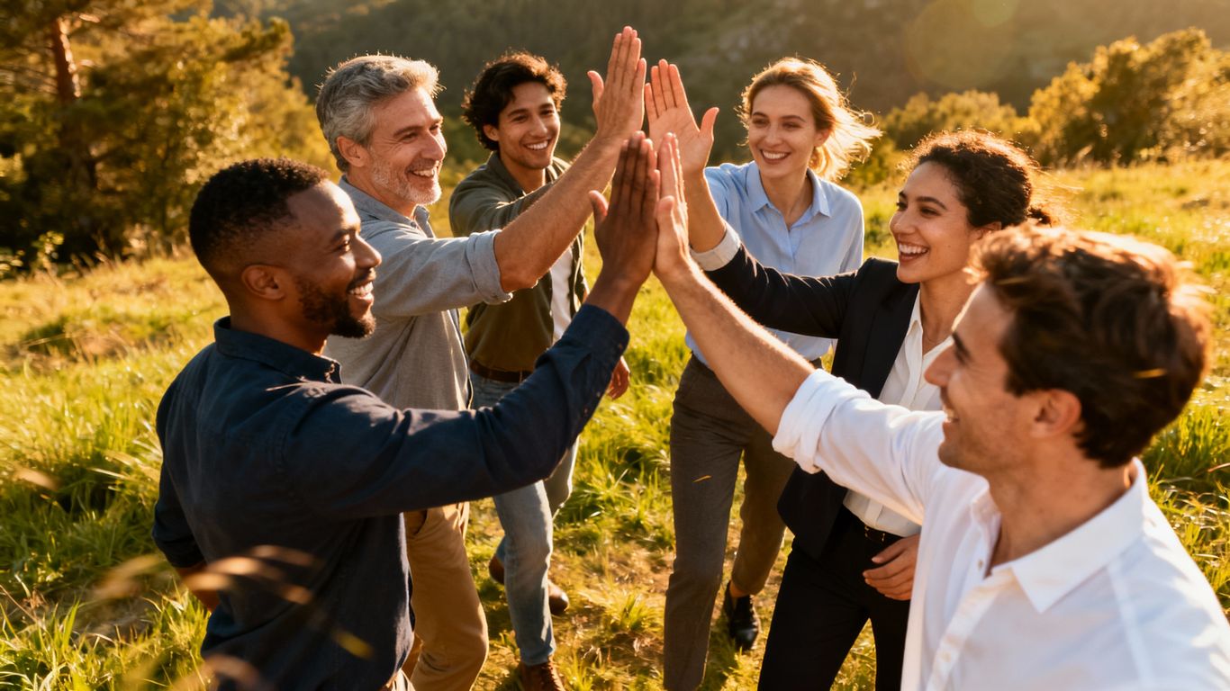 Team building activity with energetic professionals outdoors.