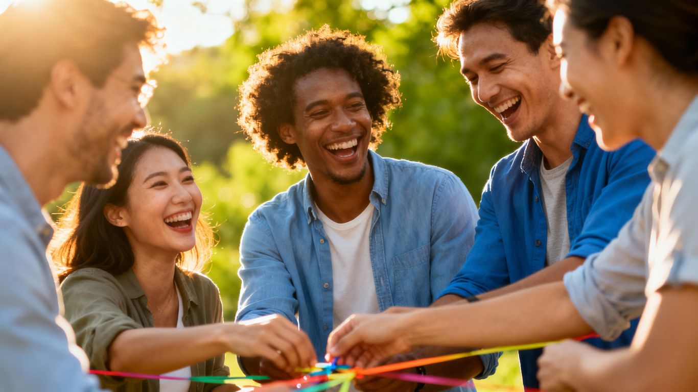 Colleagues enjoying a fun outdoor team-building activity together.