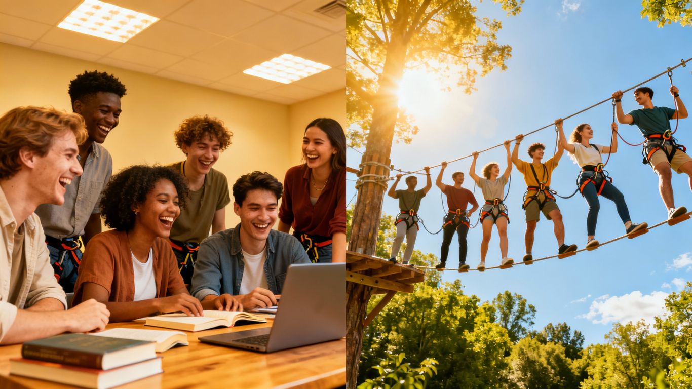 Indoor and outdoor team-building activities with happy people.