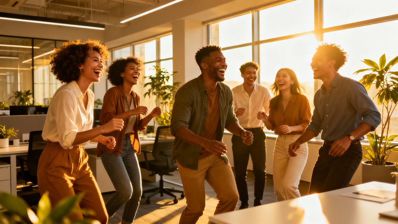 Colleagues enjoying fun activities at work, boosting morale.